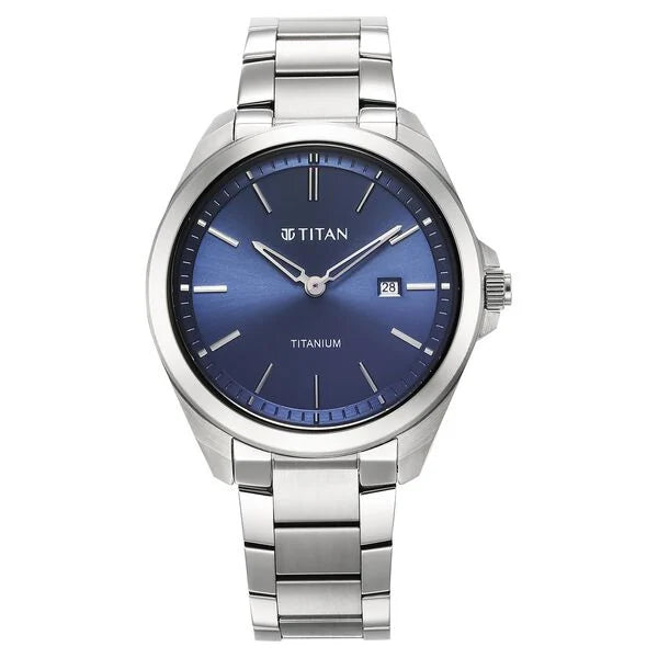 solar-powered smartwatch with fitness tracker-Titan Titanium Quartz Analog Blue Dial Titanium Strap Watch for Men 90177tm01