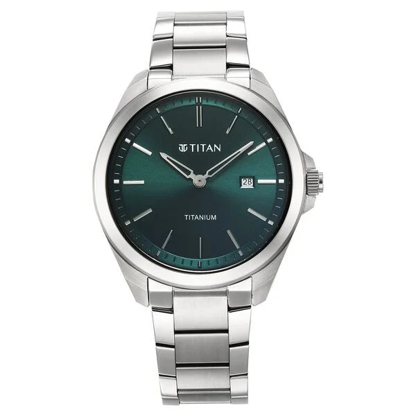 classic men’s automatic movement watch-Titan Titanium Quartz Analog Green Dial Titanium Strap Watch for Men 90177tm02