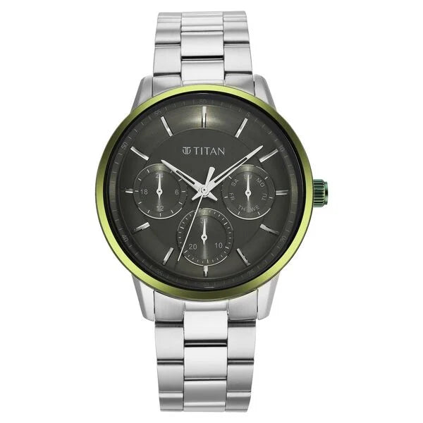 men’s leather strap luxury chronograph-Titan Urban Magic Green Dial Quartz Multifunction Stainless Steel Strap watch for Men 90133km01