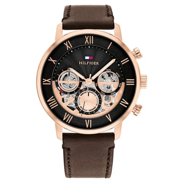 men’s stylish ceramic watch-Tommy Hilfiger Quartz Multifunction Black dial Leather Strap Watch for Men th1710566