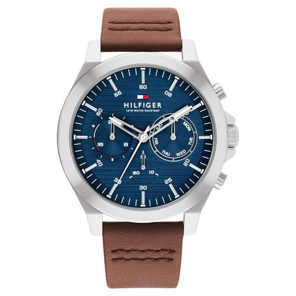 men’s automatic watch with leather strap-Tommy Hilfiger Quartz Multifunction Blue Dial Brown Leather Strap Watch for Men th1710633