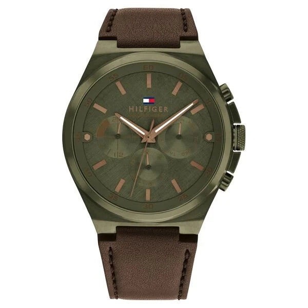 smartwatch with multi-sport tracking-Tommy Hilfiger Quartz Multifunction Green dial Leather Strap Watch for Men th1792085