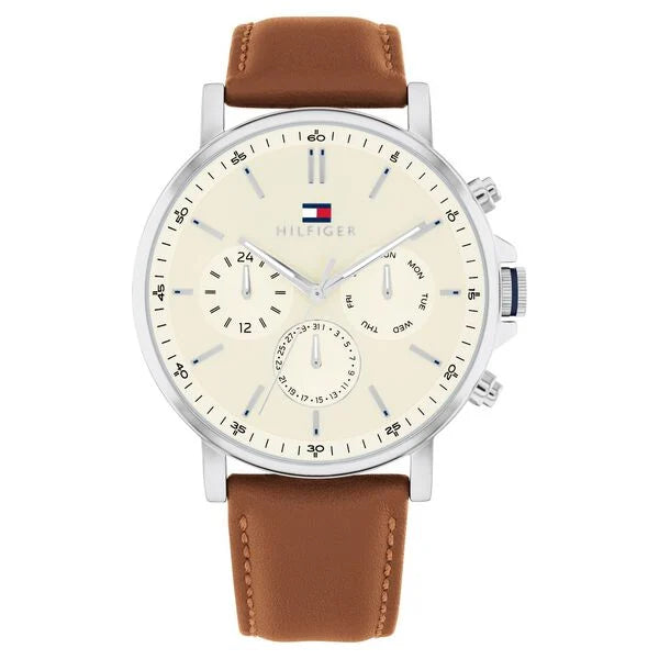 classic automatic wristwatch for men-Tommy Hilfiger Quartz Multifunction Yellow Dial Brown Leather Strap Watch for Men th1792143