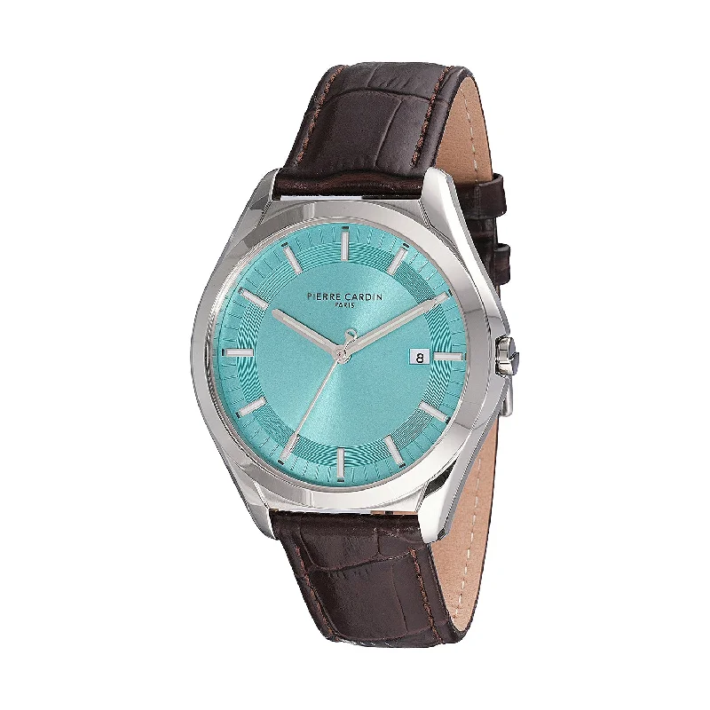 luxury mechanical wristwatch with date function-Vaugirard Aréne Men’s 42mm Classic Watch - Silver Case, Tiffany Blue Dial with Brown Leather Strap