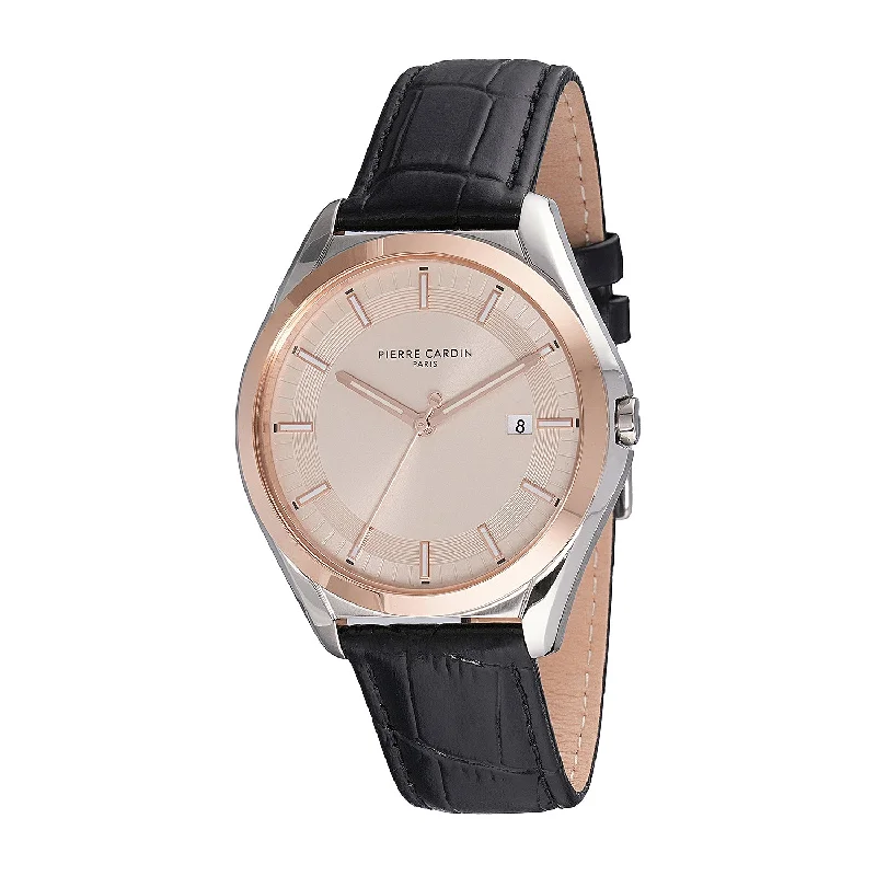 solar-powered watch for outdoor activities-Vaugirard Aréne Men’s 42mm Classic Watch - Two-Tone Rose Gold & Silver Case, Salmon Dial with Black Leather Strap