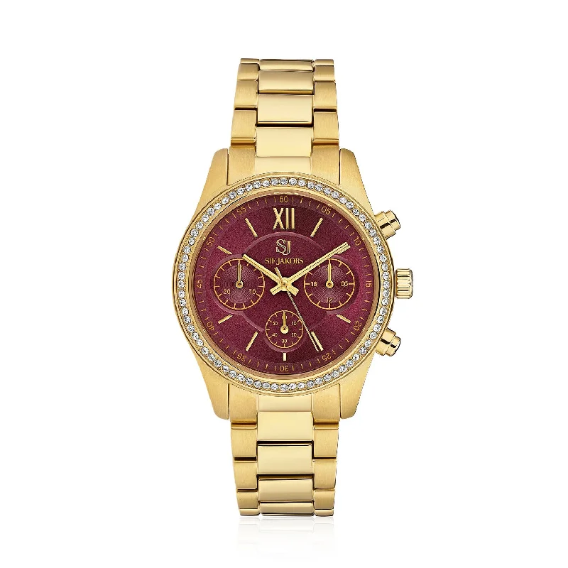 Burgundy dial and white zirconia